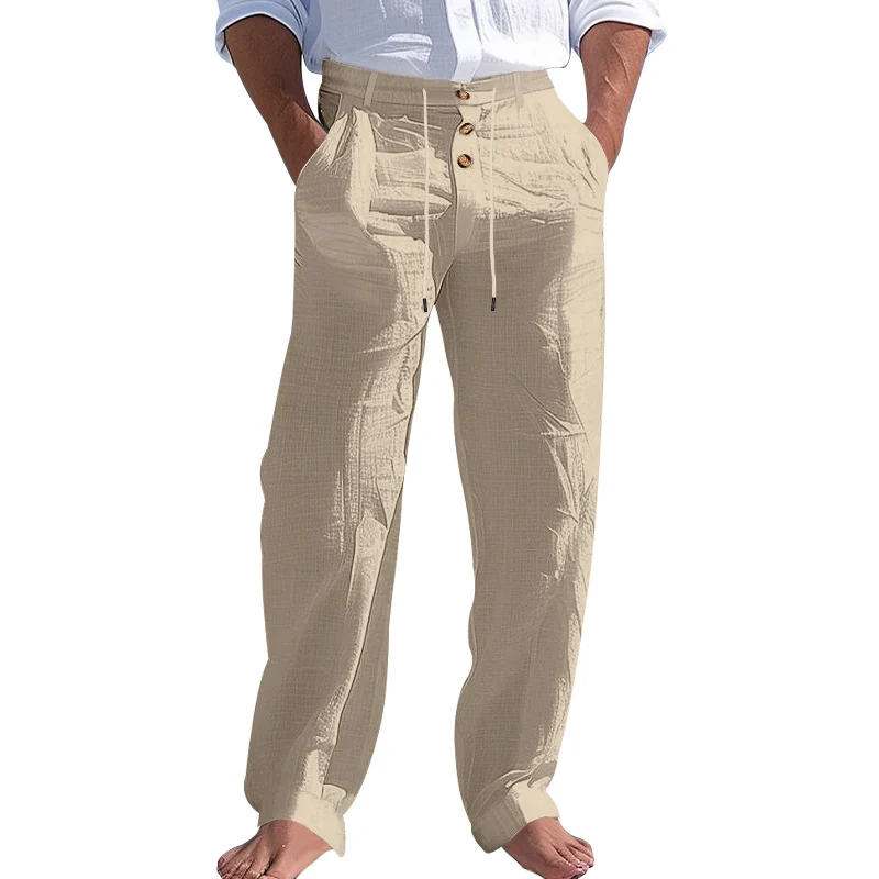 American Style Men's Linen Pants With Button Decoration, Drawstring, Summer Beach… — image 6