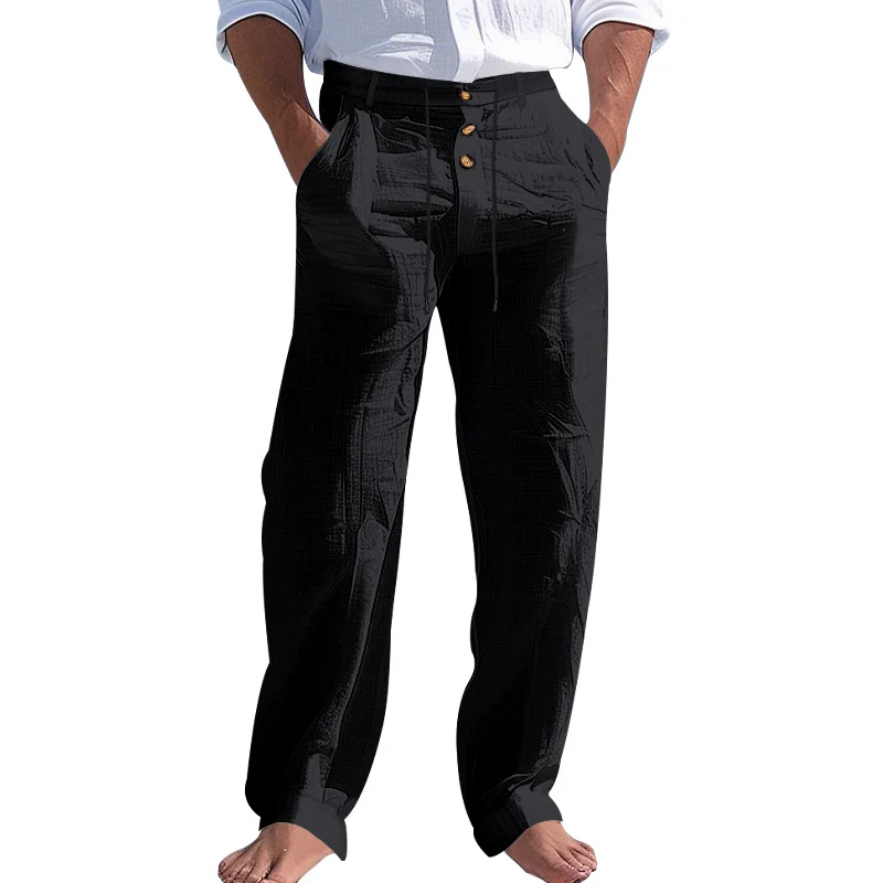 American Style Men's Linen Pants With Button Decoration, Drawstring, Summer Beach… — image 1