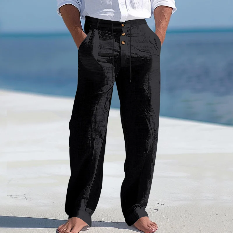 American Style Men's Linen Pants With Button Decoration, Drawstring, Summer Beach… — image 3