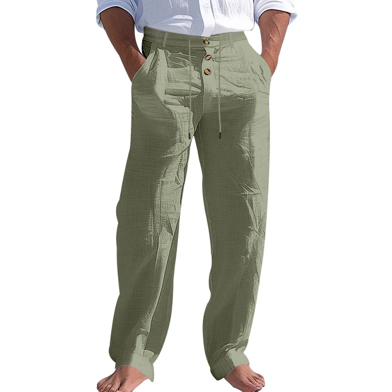 American Style Men's Linen Pants With Button Decoration, Drawstring, Summer Beach… — image 2