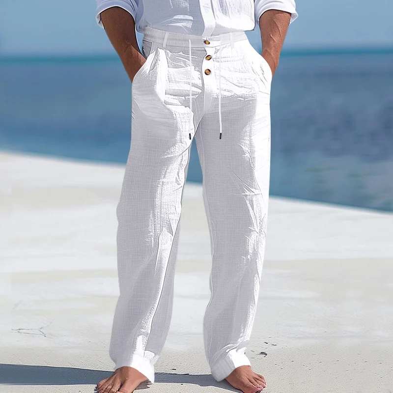 American Style Men's Linen Pants With Button Decoration, Drawstring, Summer Beach… — image 4