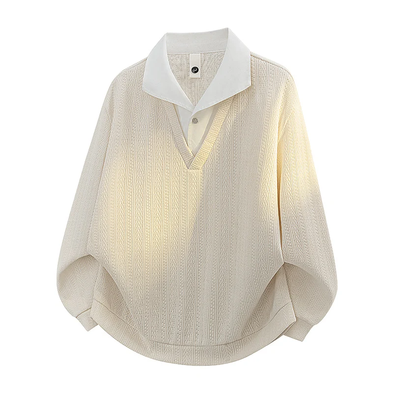 American-style Textured Faux Two-piece Lapel Hoodie Mens Long-sleeve Top — image 5