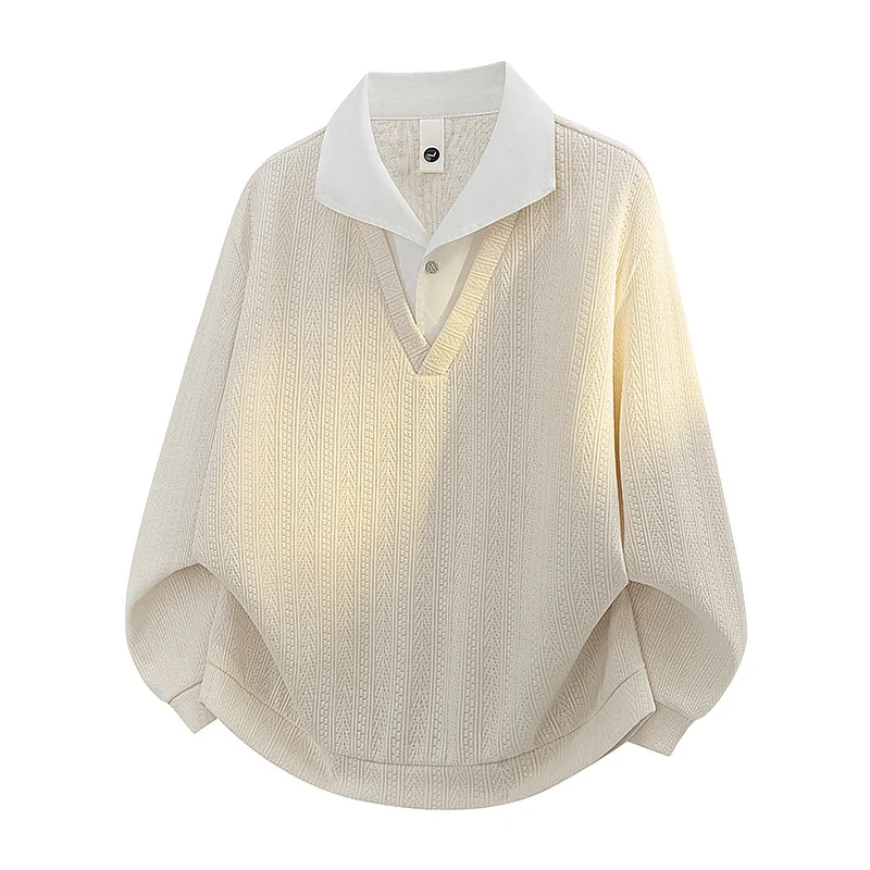 American-style Textured Faux Two-piece Lapel Hoodie Mens Long-sleeve Top — image 6