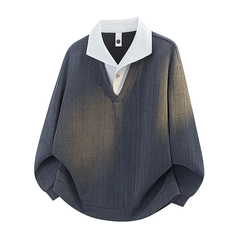 American-style Textured Faux Two-piece Lapel Hoodie Mens Long-sleeve Top — image 3