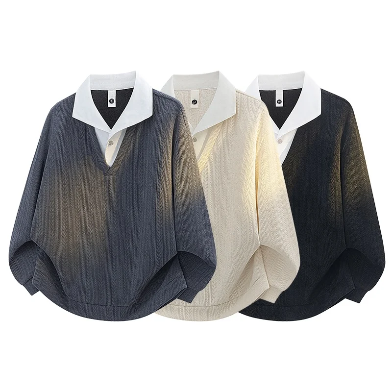American-style Textured Faux Two-piece Lapel Hoodie Mens Long-sleeve Top — image 2