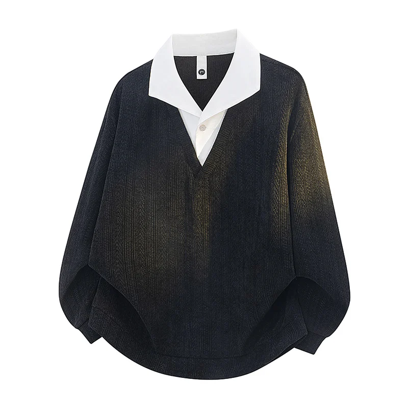 American-style Textured Faux Two-piece Lapel Hoodie Mens Long-sleeve Top — image 1