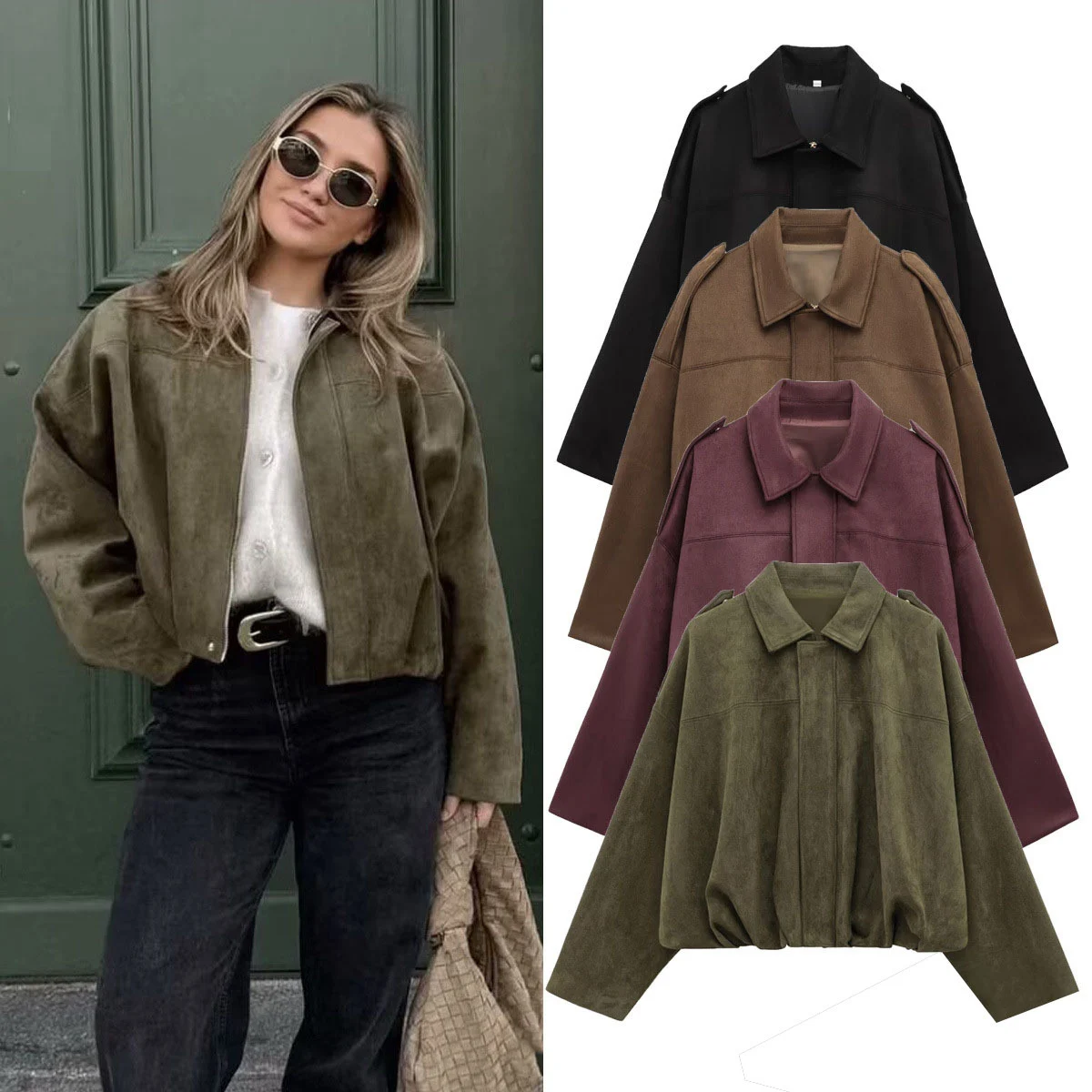 Autumn And Winter Bomber Jacket Bat Sleeve Zipper Loose Suede Texture Tops Women's… — image 6