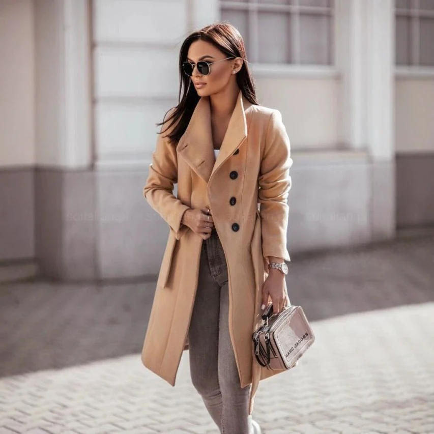 Autumn And Winter Lapel Single-breasted Tie-waist Coat, Casual Office Commuter… — image 2
