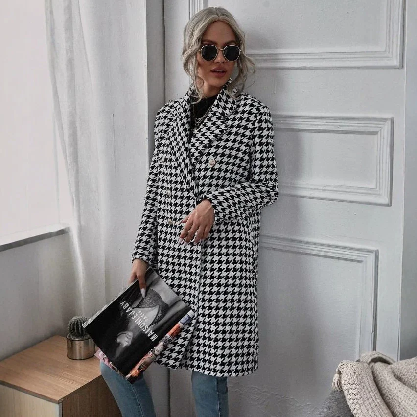 Autumn And Winter New Fashion Houndstooth Print Long Wool Coat — image 2