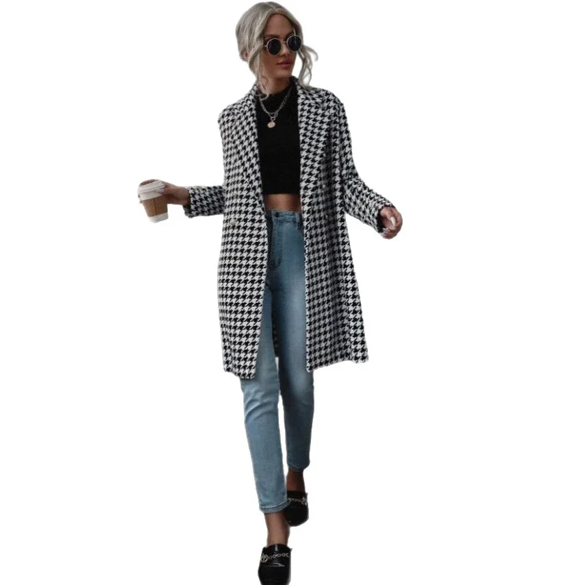 Autumn And Winter New Fashion Houndstooth Print Long Wool Coat — image 5