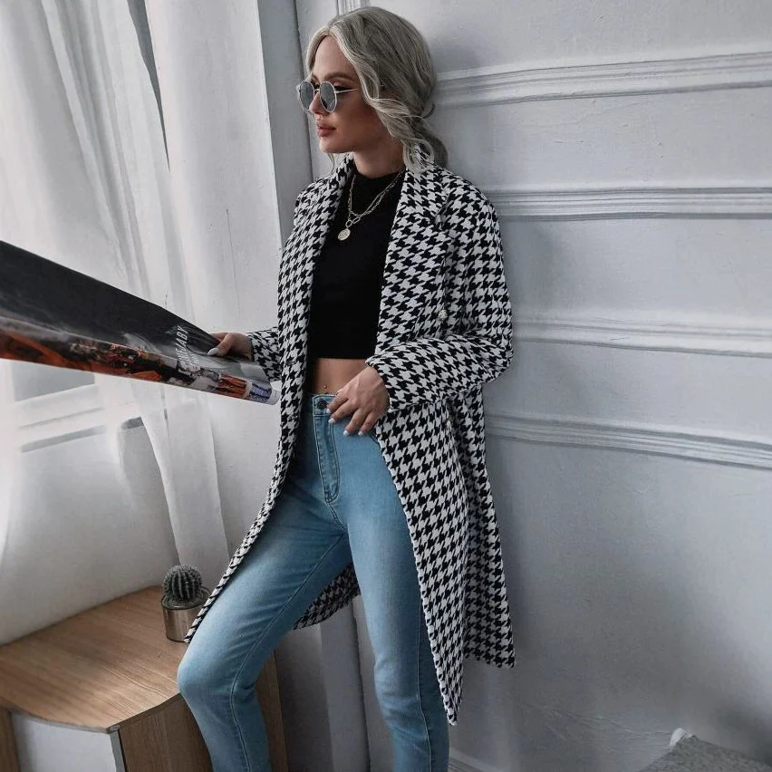 Autumn And Winter New Fashion Houndstooth Print Long Wool Coat — image 6
