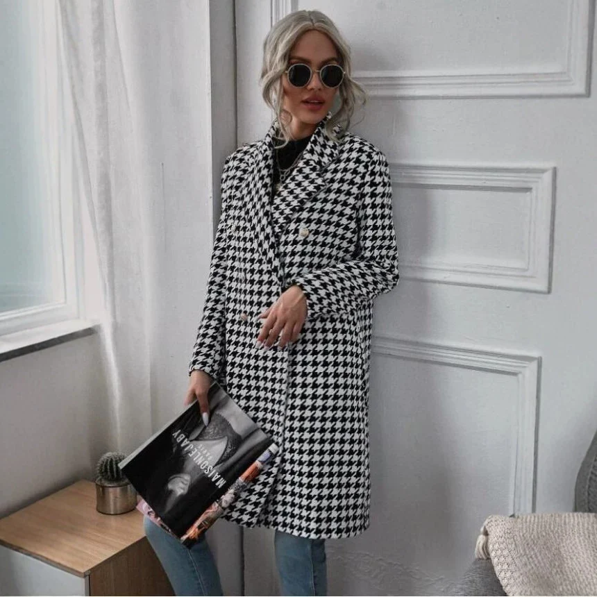 Autumn And Winter New Fashion Houndstooth Print Long Wool Coat — image 3