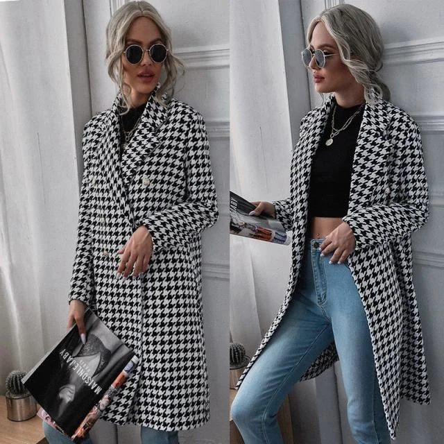 Autumn And Winter New Fashion Houndstooth Print Long Wool Coat — image 4