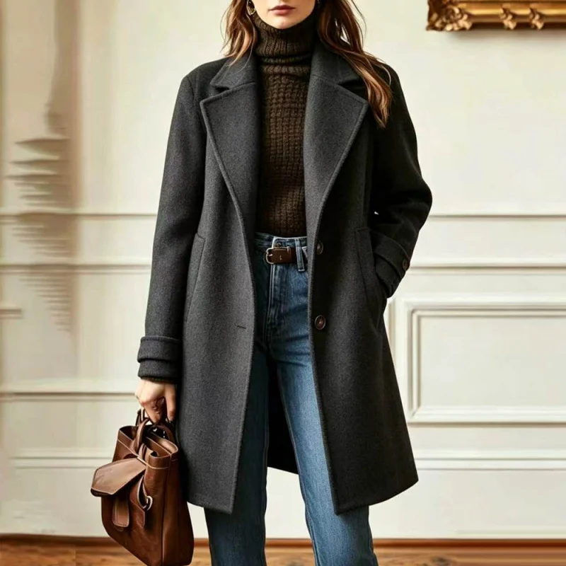 Autumn And Winter New Retro Casual Style Mid-length Lapel Coat Women's Woolen — image 5