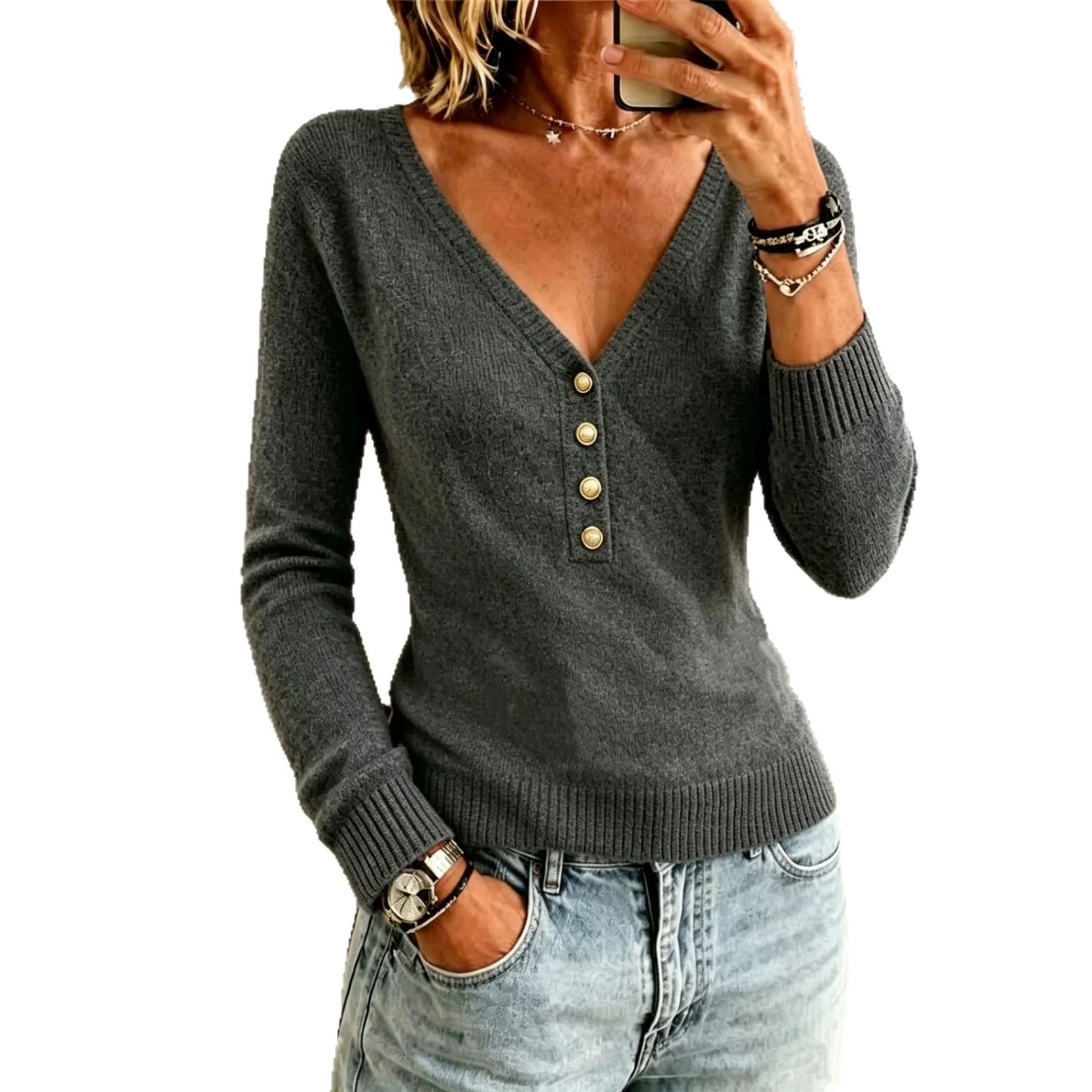 Autumn And Winter New Solid Color Simple Knitting V-neck Women's Clothing — image 1