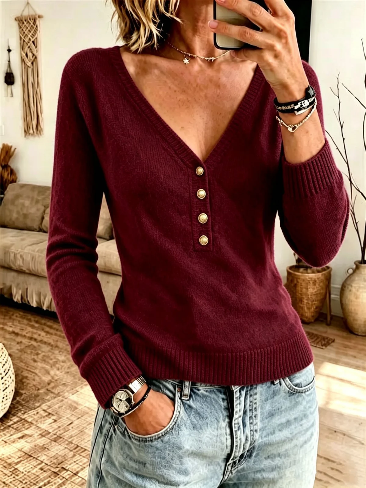 Autumn And Winter New Solid Color Simple Knitting V-neck Women's Clothing — image 2