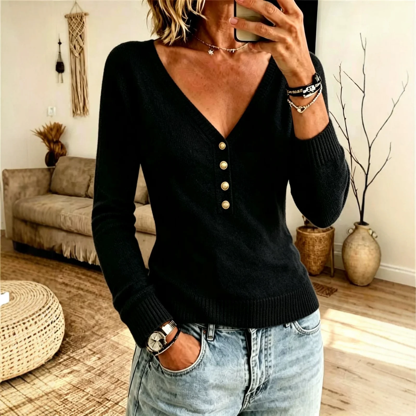 Autumn And Winter New Solid Color Simple Knitting V-neck Women's Clothing — image 7