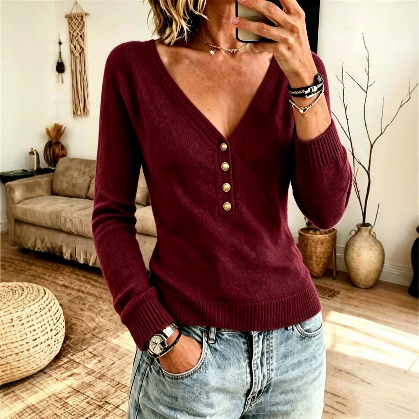 Autumn And Winter New Solid Color Simple Knitting V-neck Women's Clothing — image 5