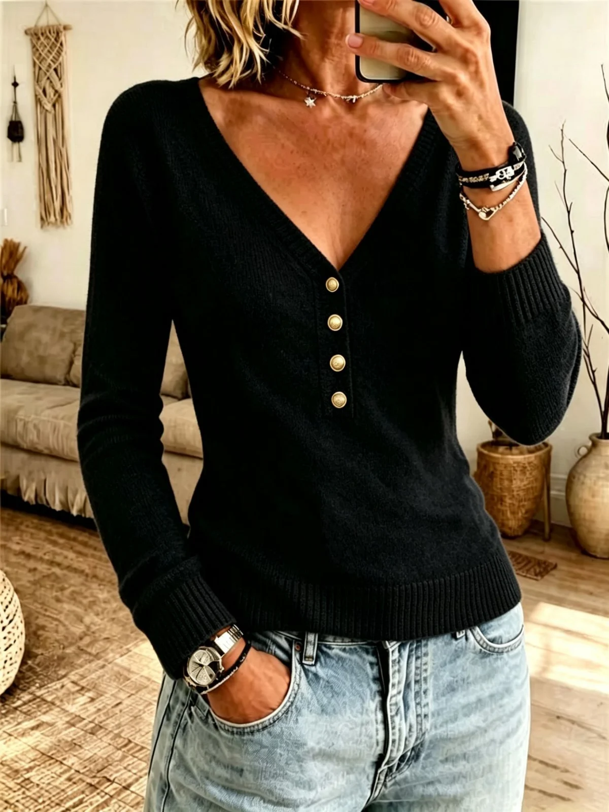 Autumn And Winter New Solid Color Simple Knitting V-neck Women's Clothing — image 6