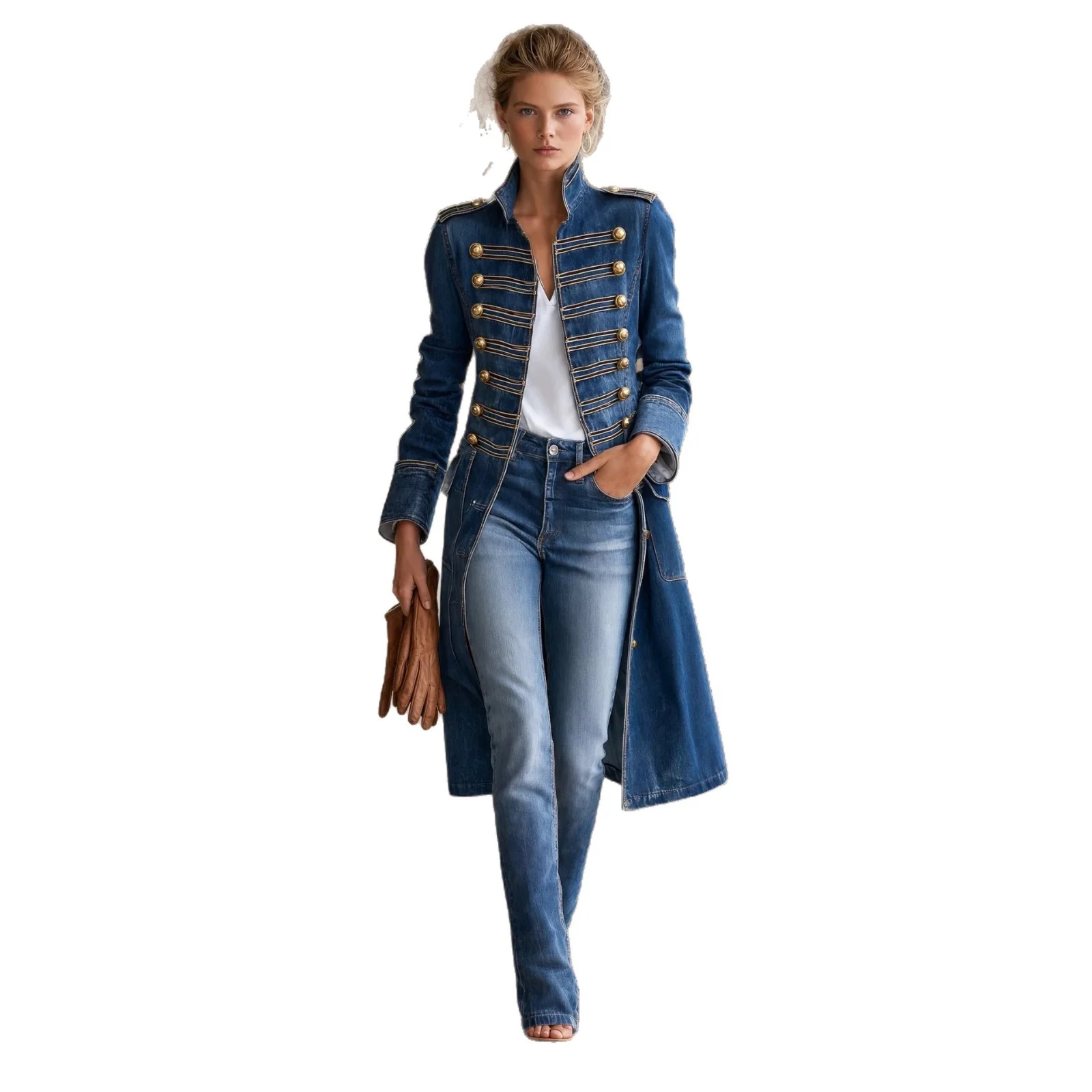 Autumn New-style Rib-button Design Shoulder Straps Washed Denim Top Long Coat — image 2