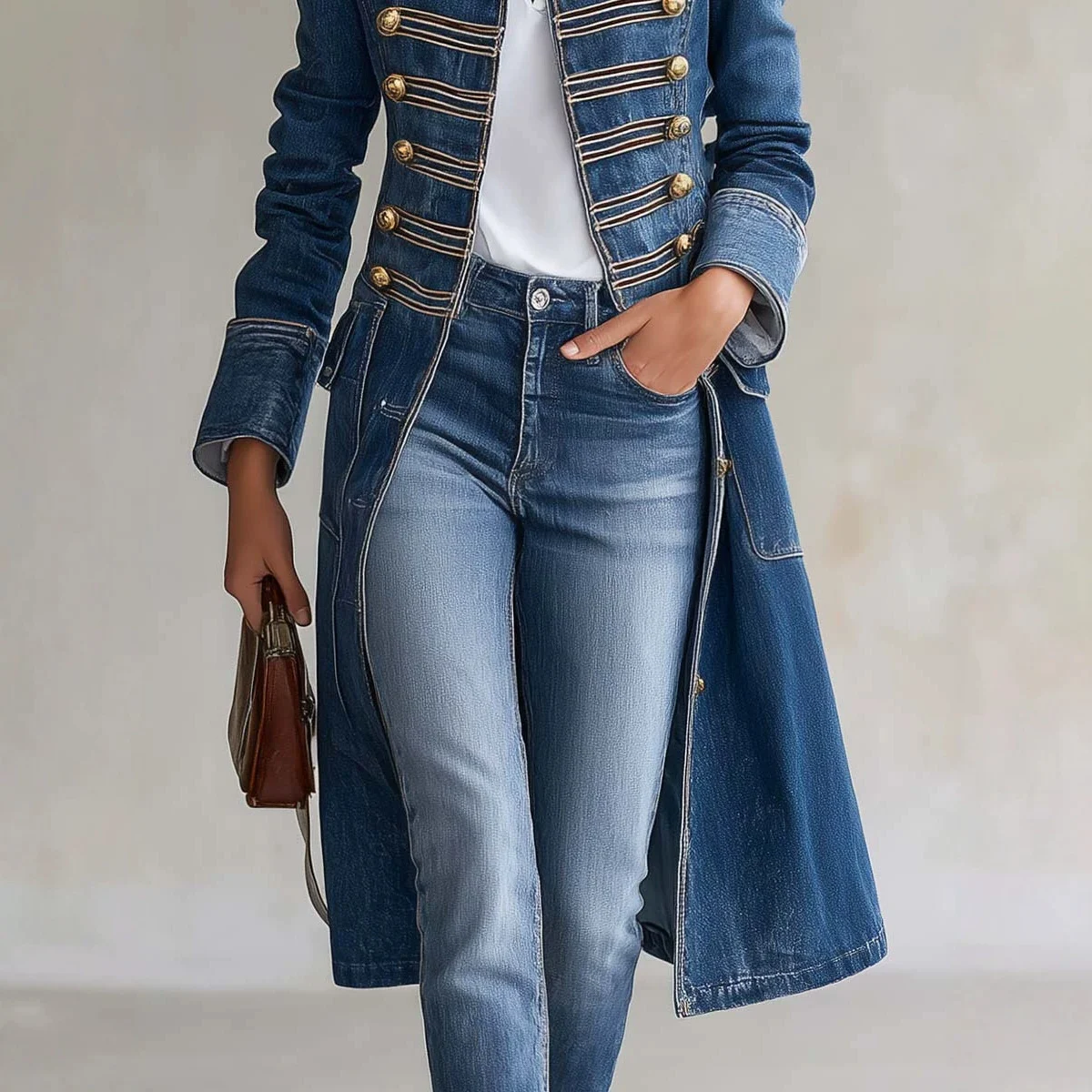 Autumn New-style Rib-button Design Shoulder Straps Washed Denim Top Long Coat — image 6