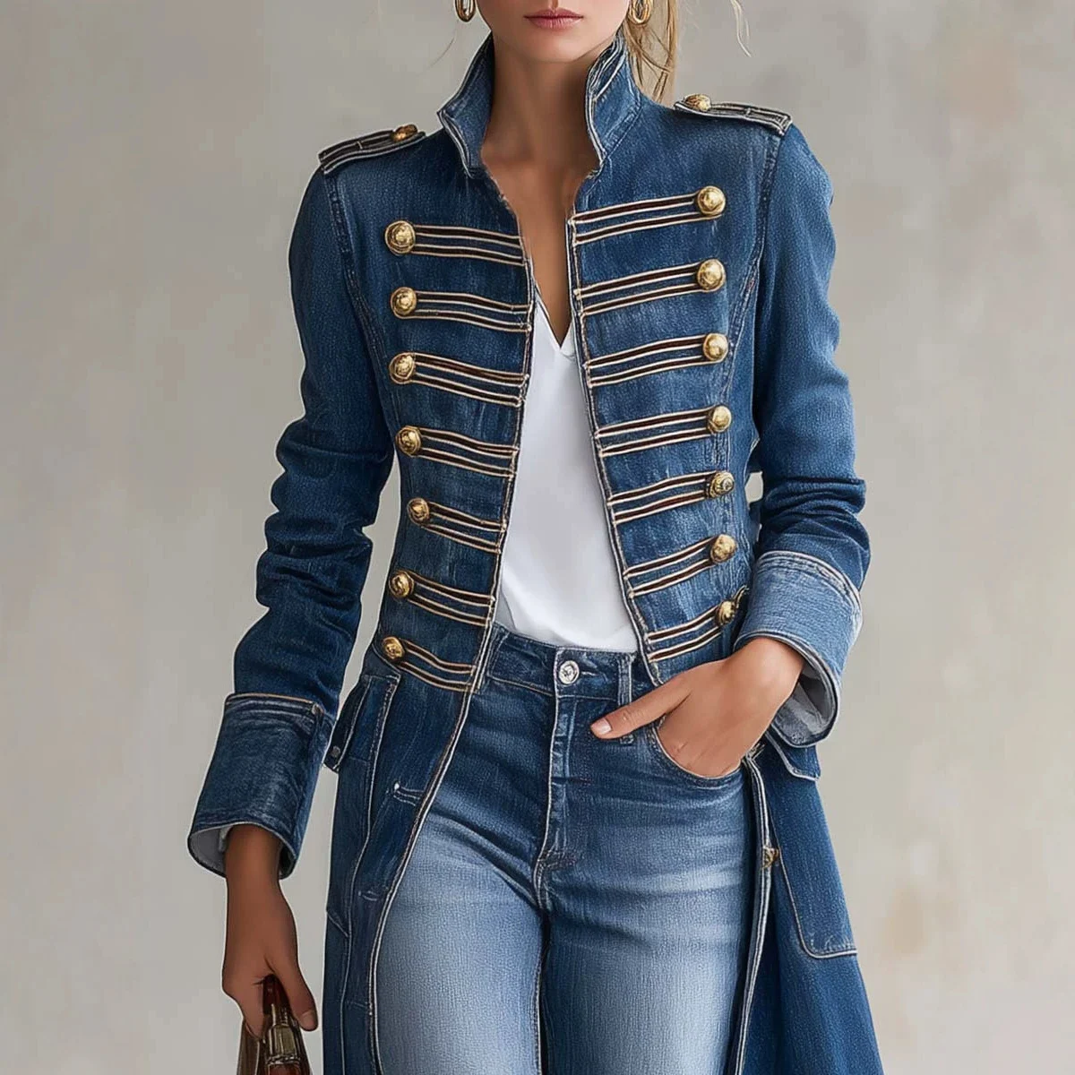 Autumn New-style Rib-button Design Shoulder Straps Washed Denim Top Long Coat — image 3