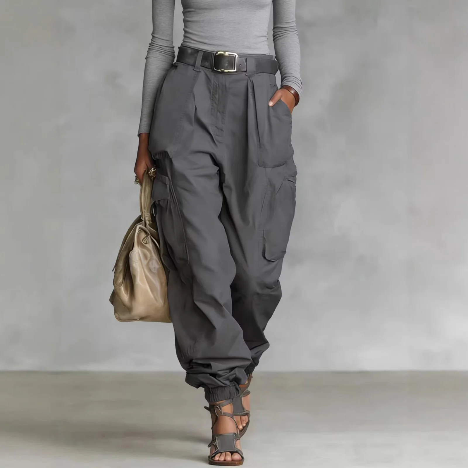 Autumn Street High Waist Work Pants Loose Wide Leg Non Elastic Regular Thickness — image 10
