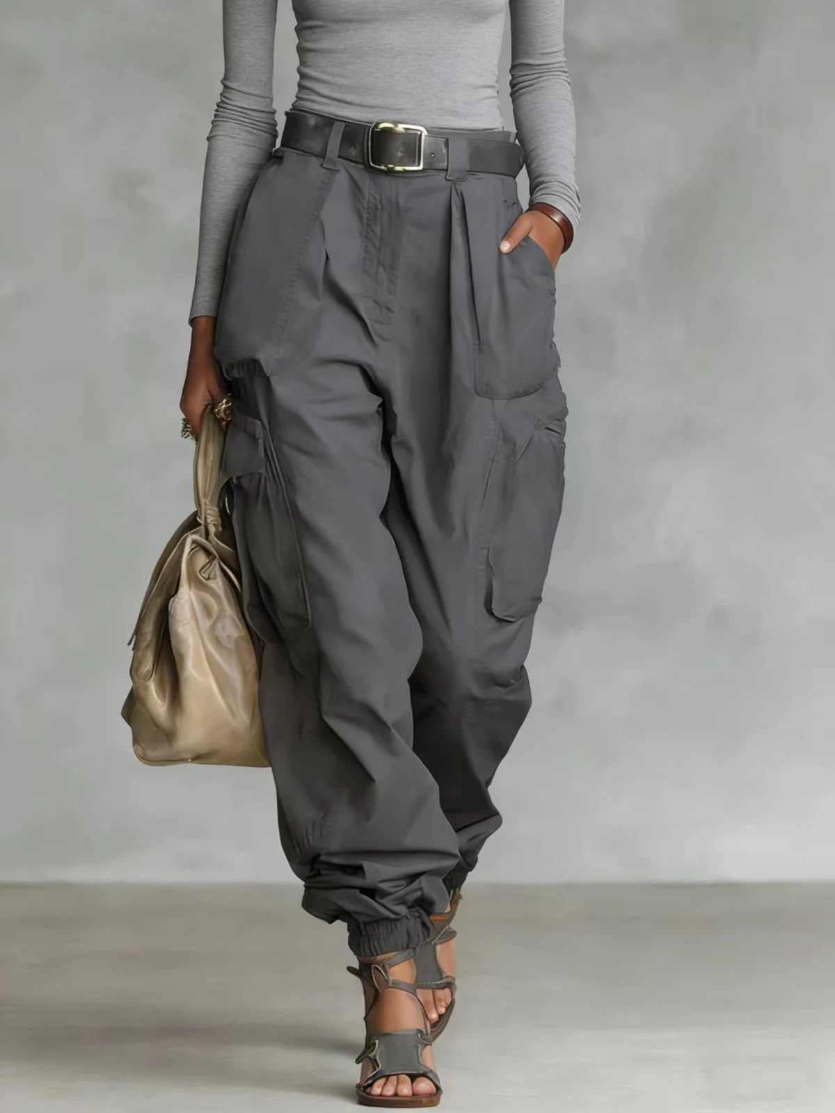 Autumn Street High Waist Work Pants Loose Wide Leg Non Elastic Regular Thickness — image 8