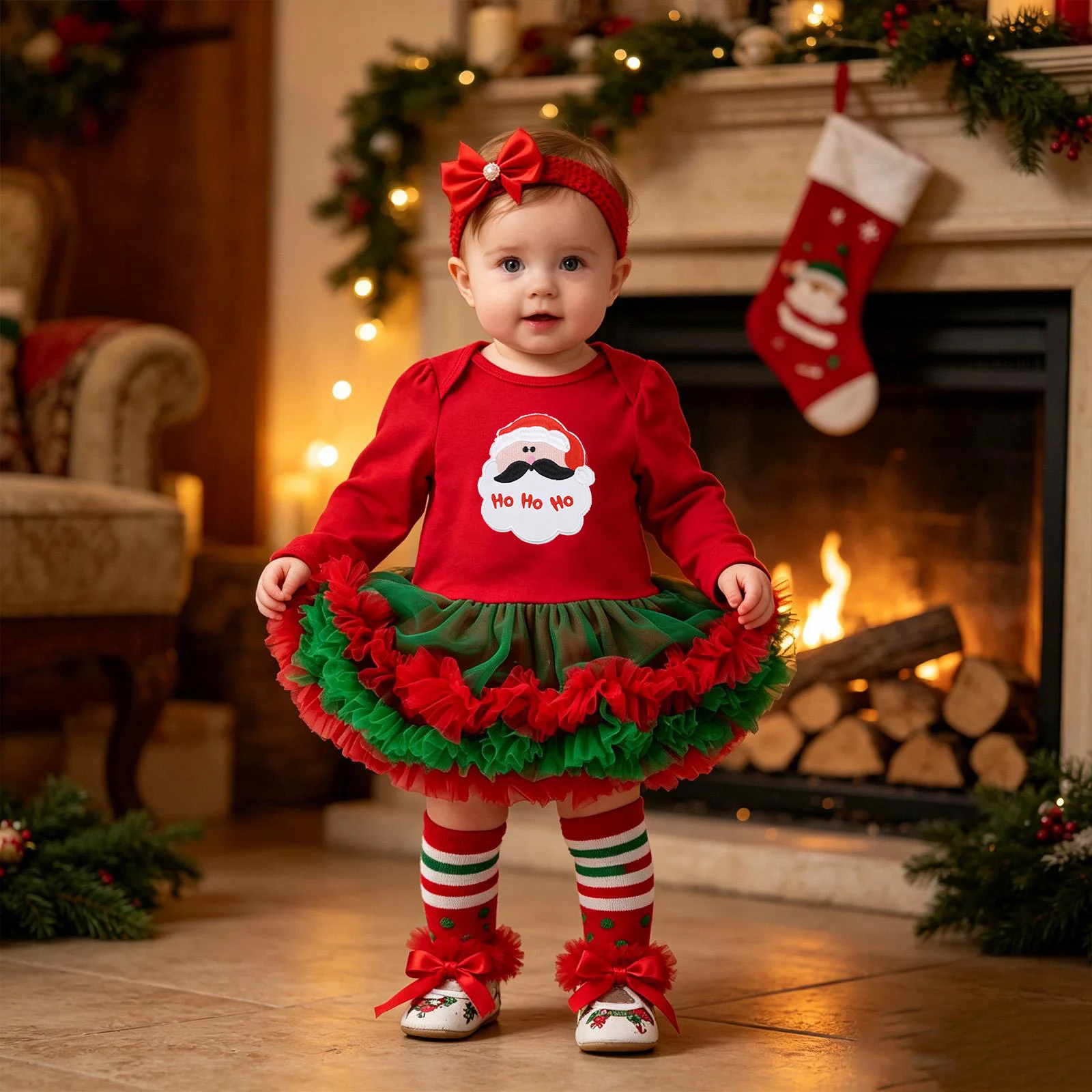 Baby Christmas Long-sleeve Cartoon Romper Dress Red Tulle One-piece Outfit Four-piece Set — image 12