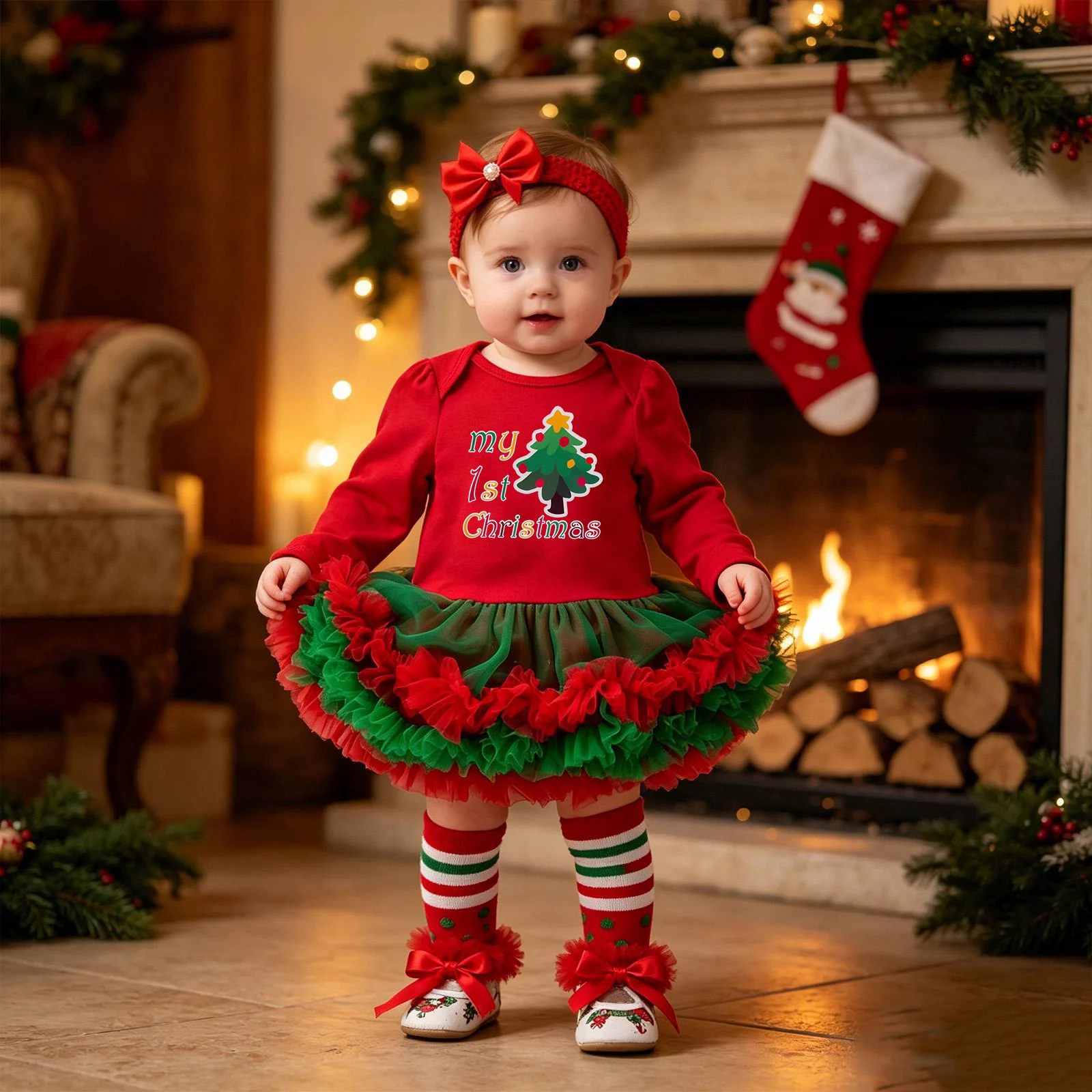 Baby Christmas Long-sleeve Cartoon Romper Dress Red Tulle One-piece Outfit Four-piece Set — image 7