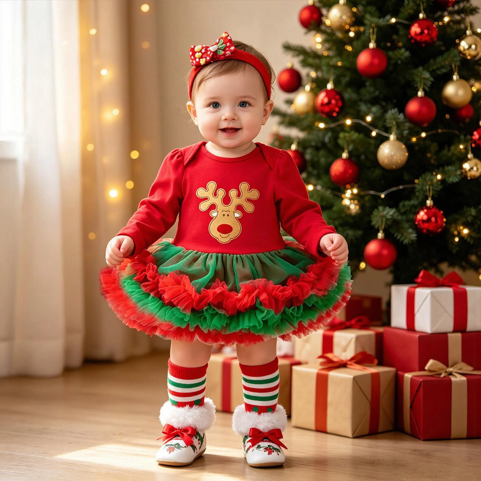Baby Christmas Long-sleeve Cartoon Romper Dress Red Tulle One-piece Outfit Four-piece Set — image 8