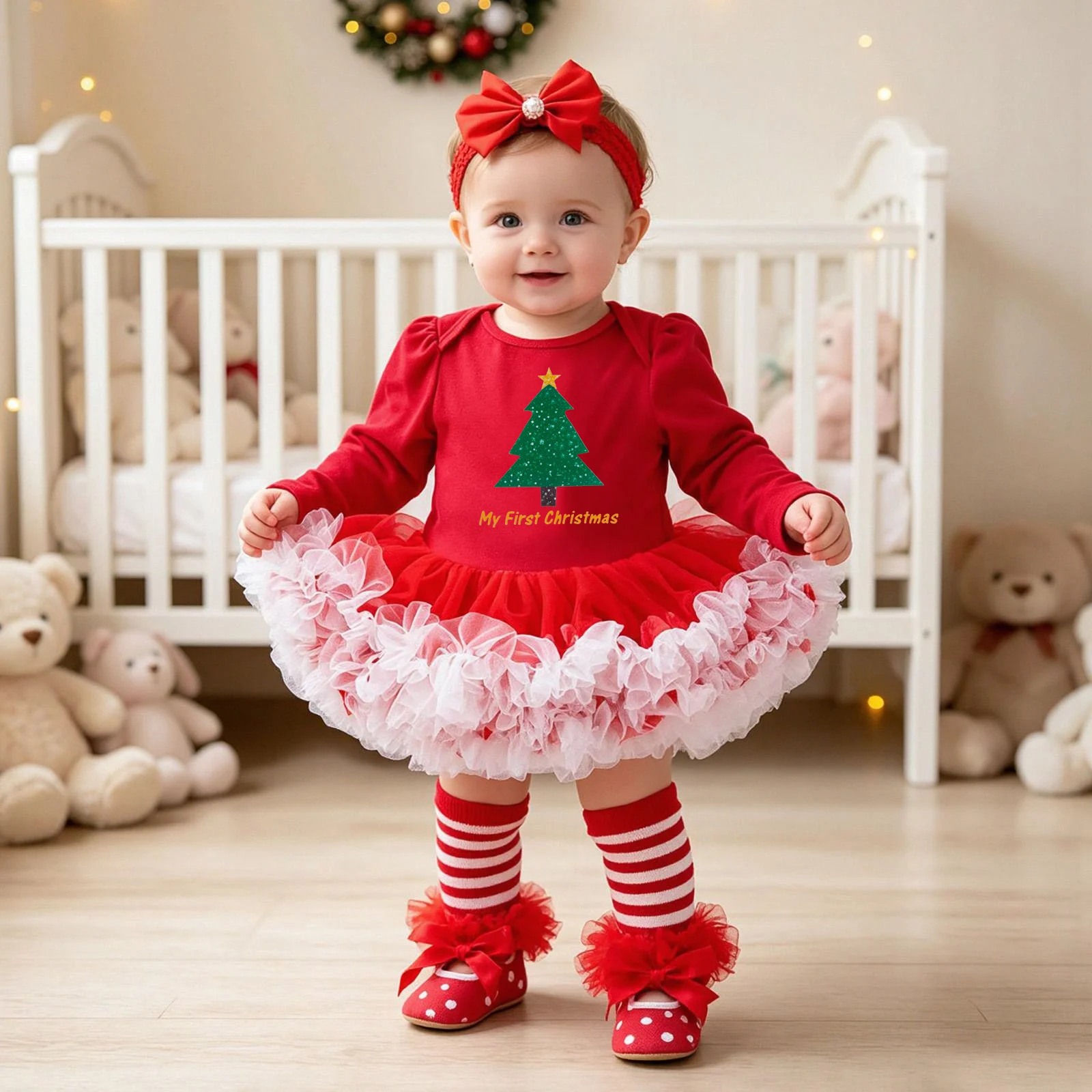 Baby Christmas Long-sleeve Cartoon Romper Dress Red Tulle One-piece Outfit Four-piece Set — image 10