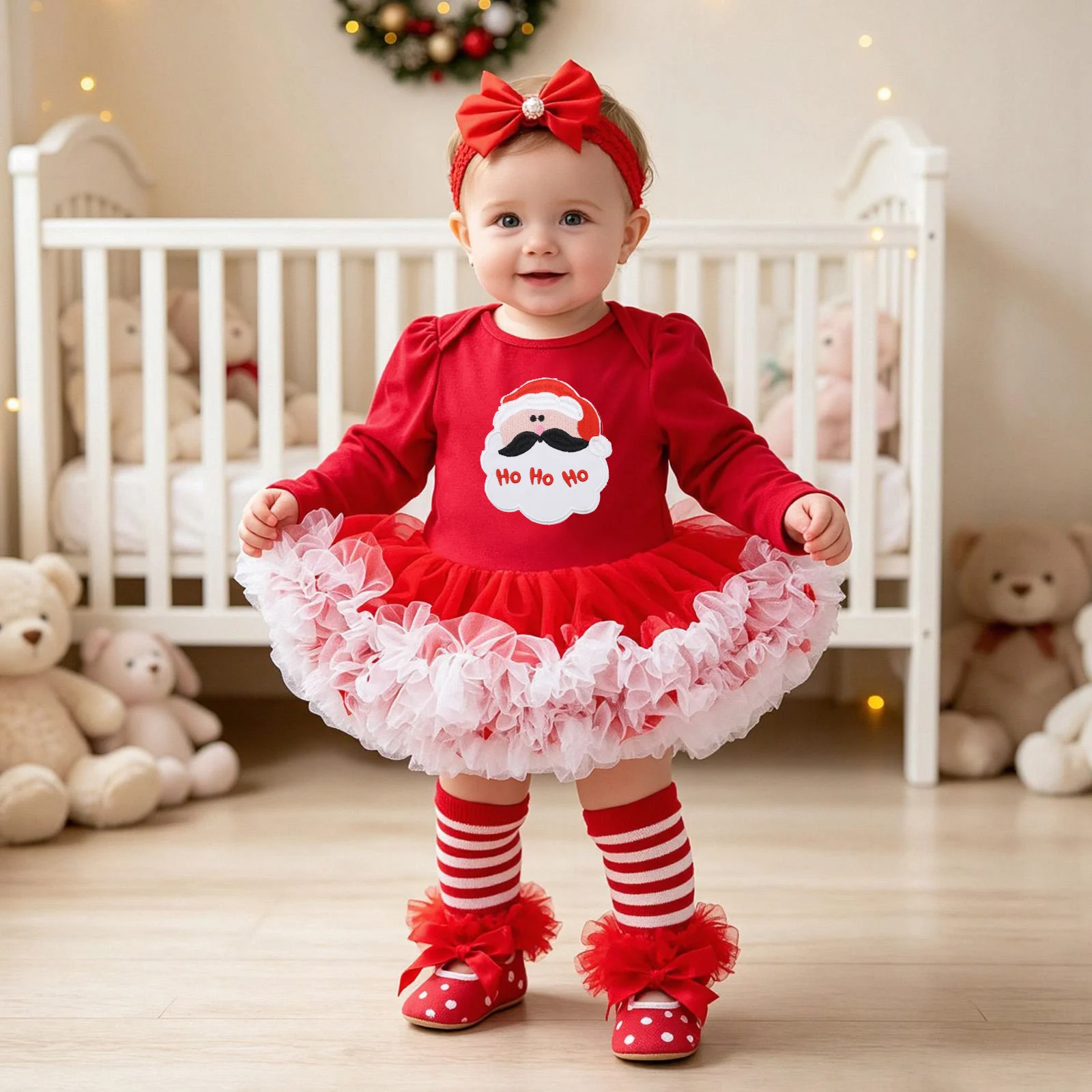 Baby Christmas Long-sleeve Cartoon Romper Dress Red Tulle One-piece Outfit Four-piece Set — image 9