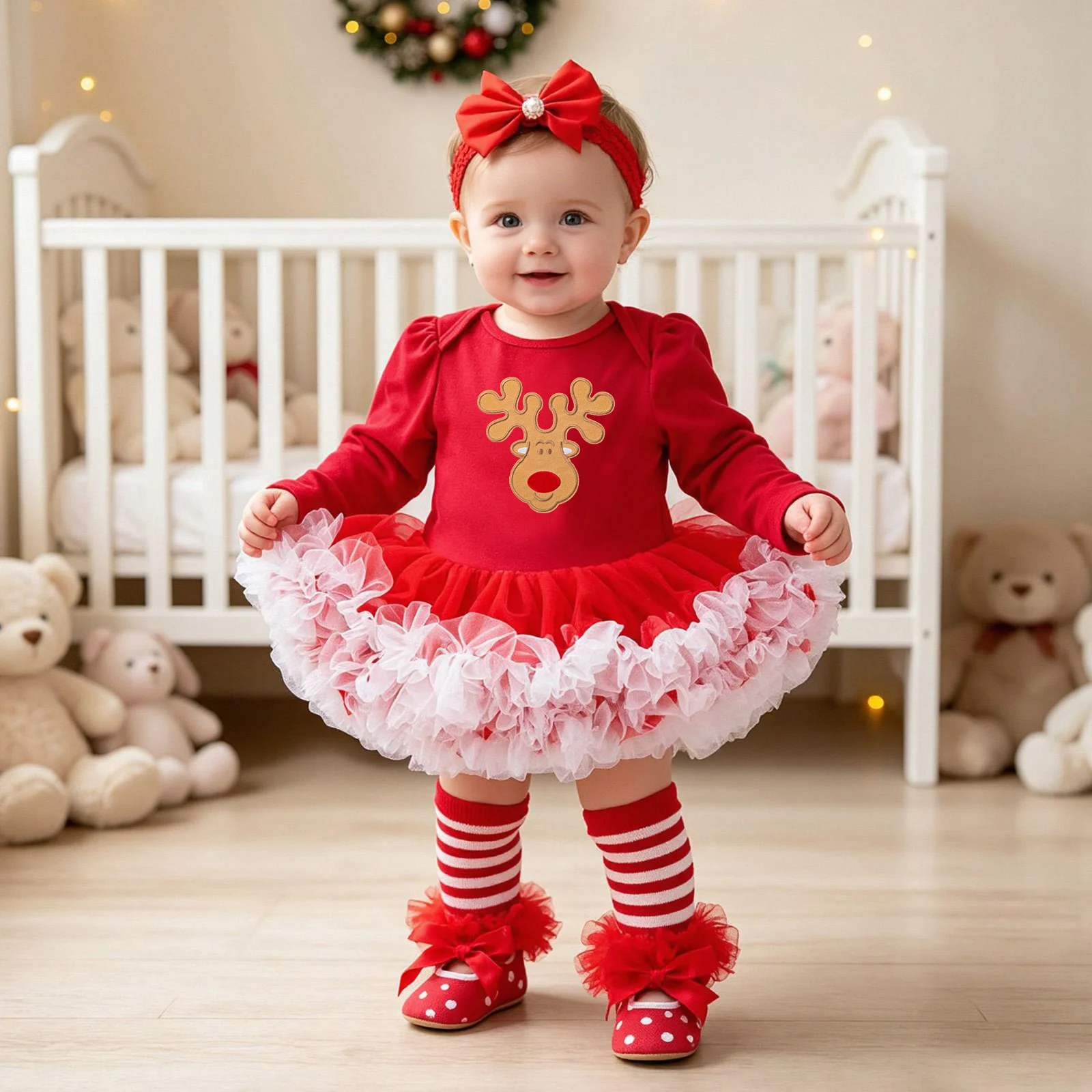 Baby Christmas Long-sleeve Cartoon Romper Dress Red Tulle One-piece Outfit Four-piece Set — image 11
