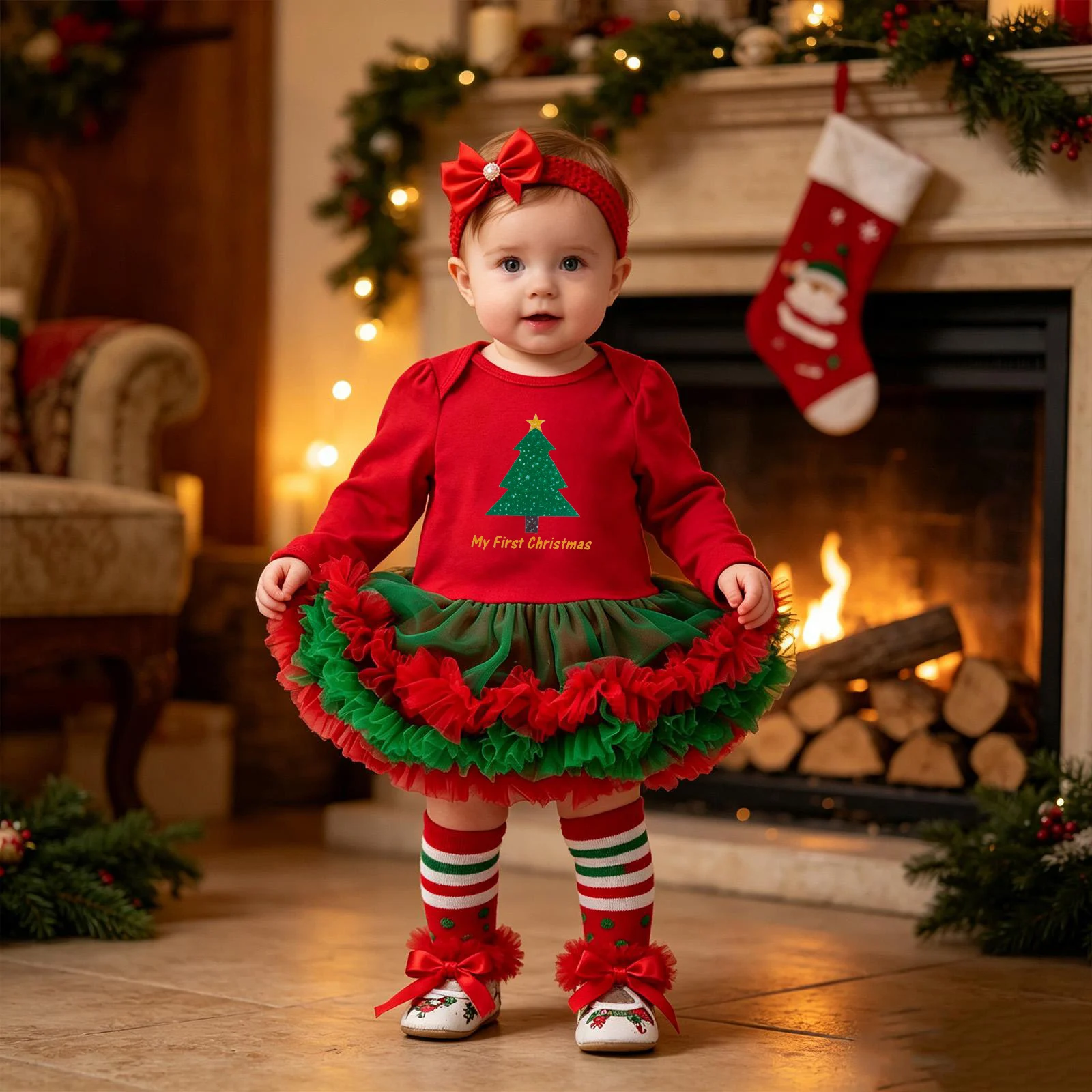 Baby Christmas Long-sleeve Cartoon Romper Dress Red Tulle One-piece Outfit Four-piece Set — image 6