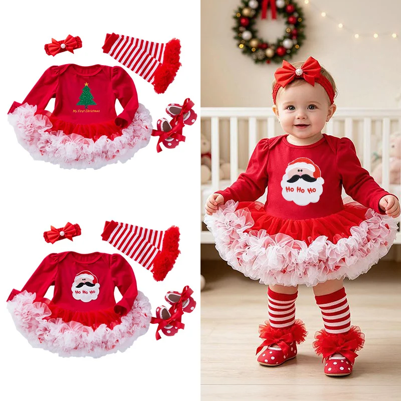Baby Christmas Long-sleeve Cartoon Romper Dress Red Tulle One-piece Outfit Four-piece Set — image 1