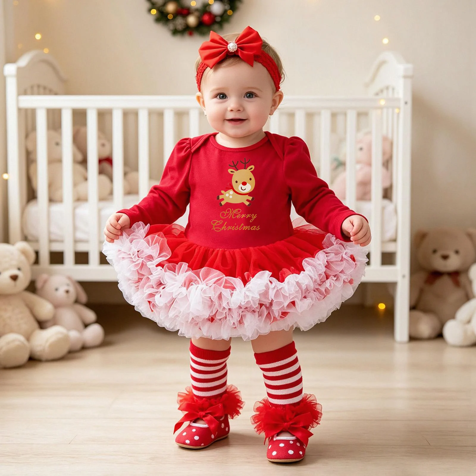 Baby Christmas Long-sleeve Cartoon Romper Dress Red Tulle One-piece Outfit Four-piece Set — image 4