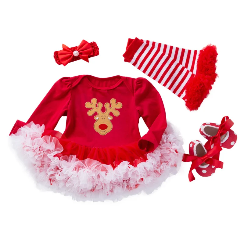 Baby Christmas Long-sleeve Cartoon Romper Dress Red Tulle One-piece Outfit Four-piece Set — image 2
