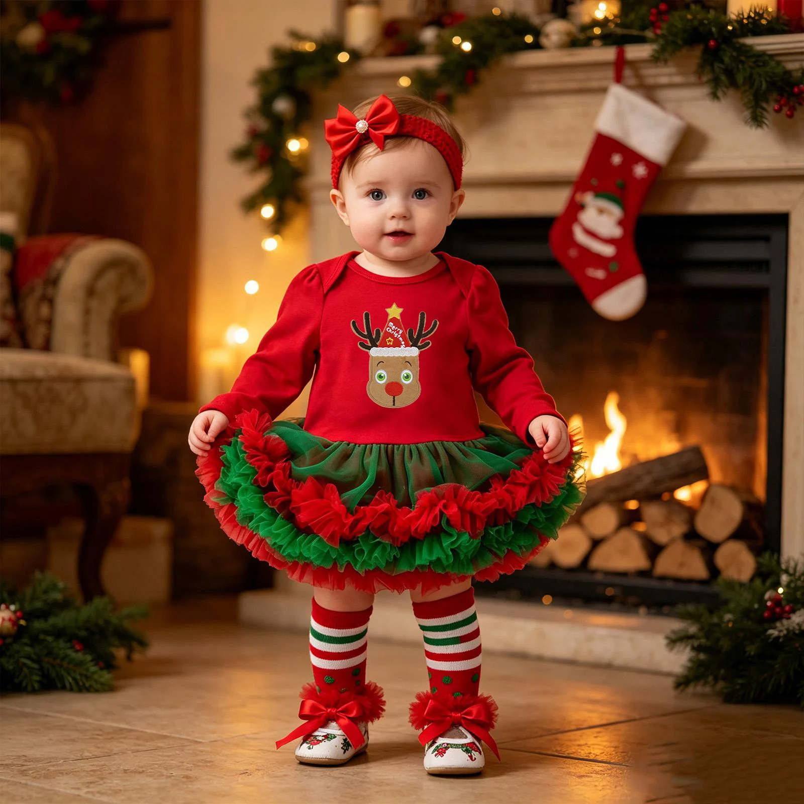 Baby Christmas Long-sleeve Cartoon Romper Dress Red Tulle One-piece Outfit Four-piece Set — image 13