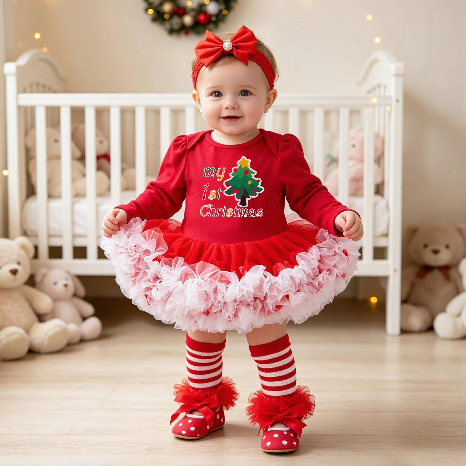 Baby Christmas Long-sleeve Cartoon Romper Dress Red Tulle One-piece Outfit Four-piece Set — image 5