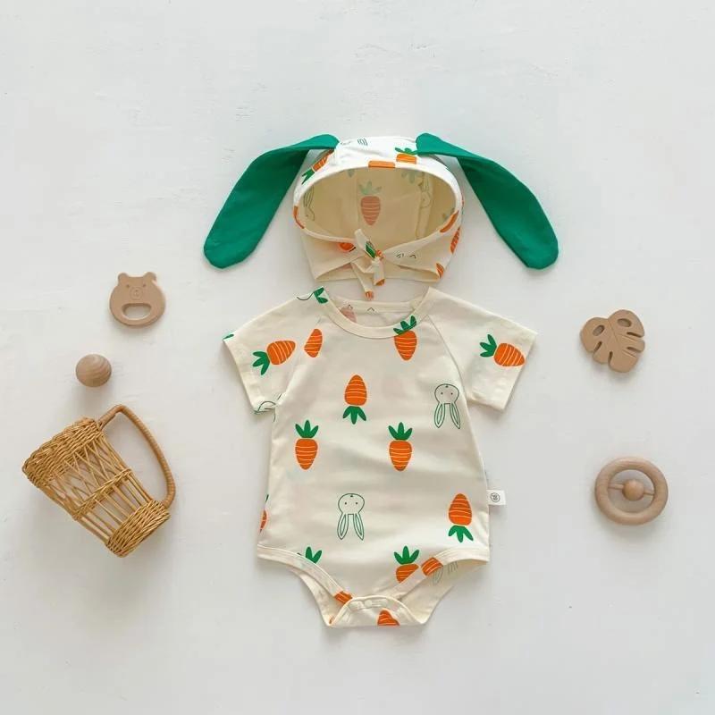 Baby Girl Bunny Short Sleeve Thin Hooded Triangle Romper Onesie Spring Clothes — image 2