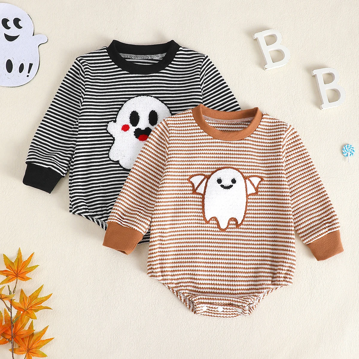 Baby Girl Waffle Knit Striped Long Sleeve Romper With Ghost Embroidery — image 3