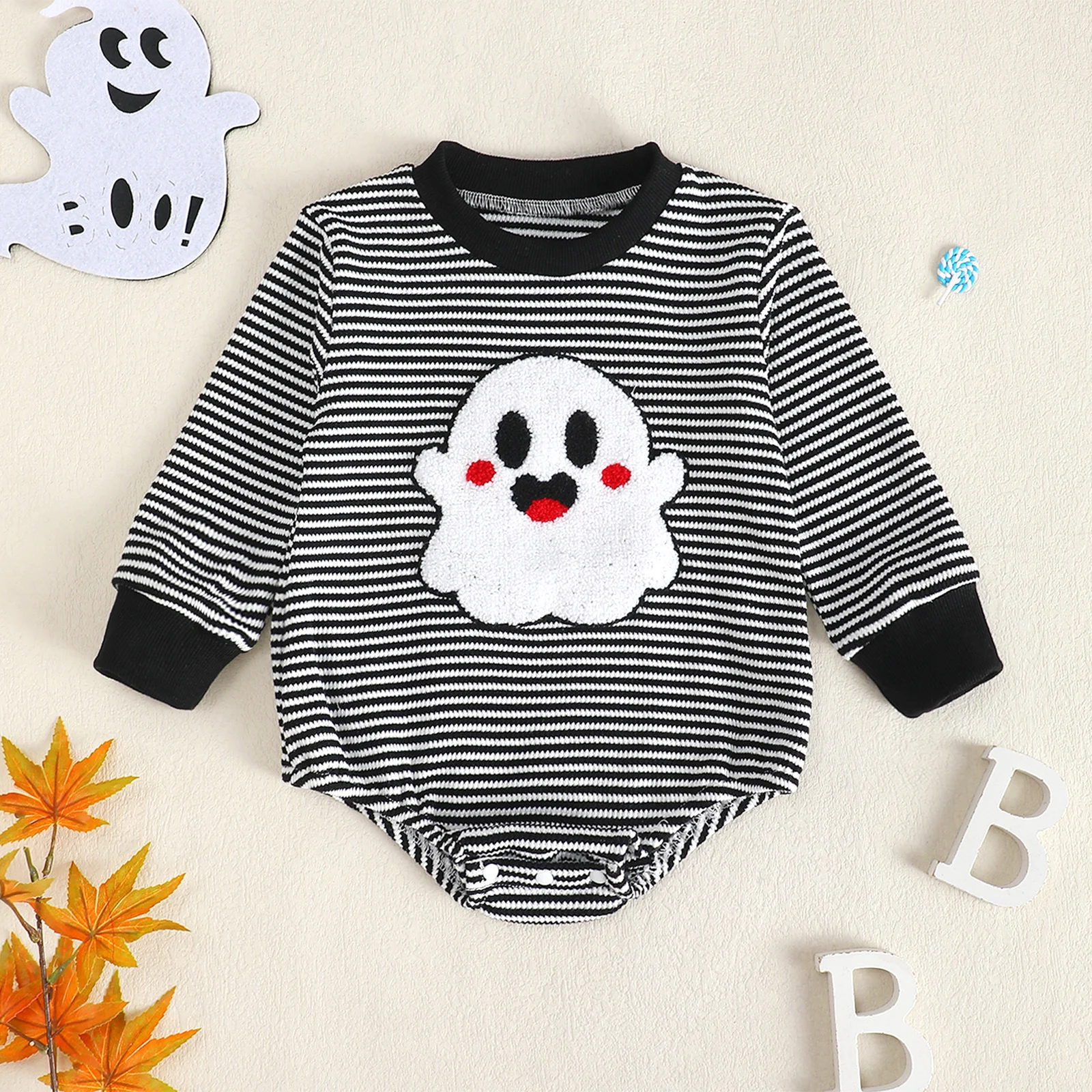 Baby Girl Waffle Knit Striped Long Sleeve Romper With Ghost Embroidery — image 5
