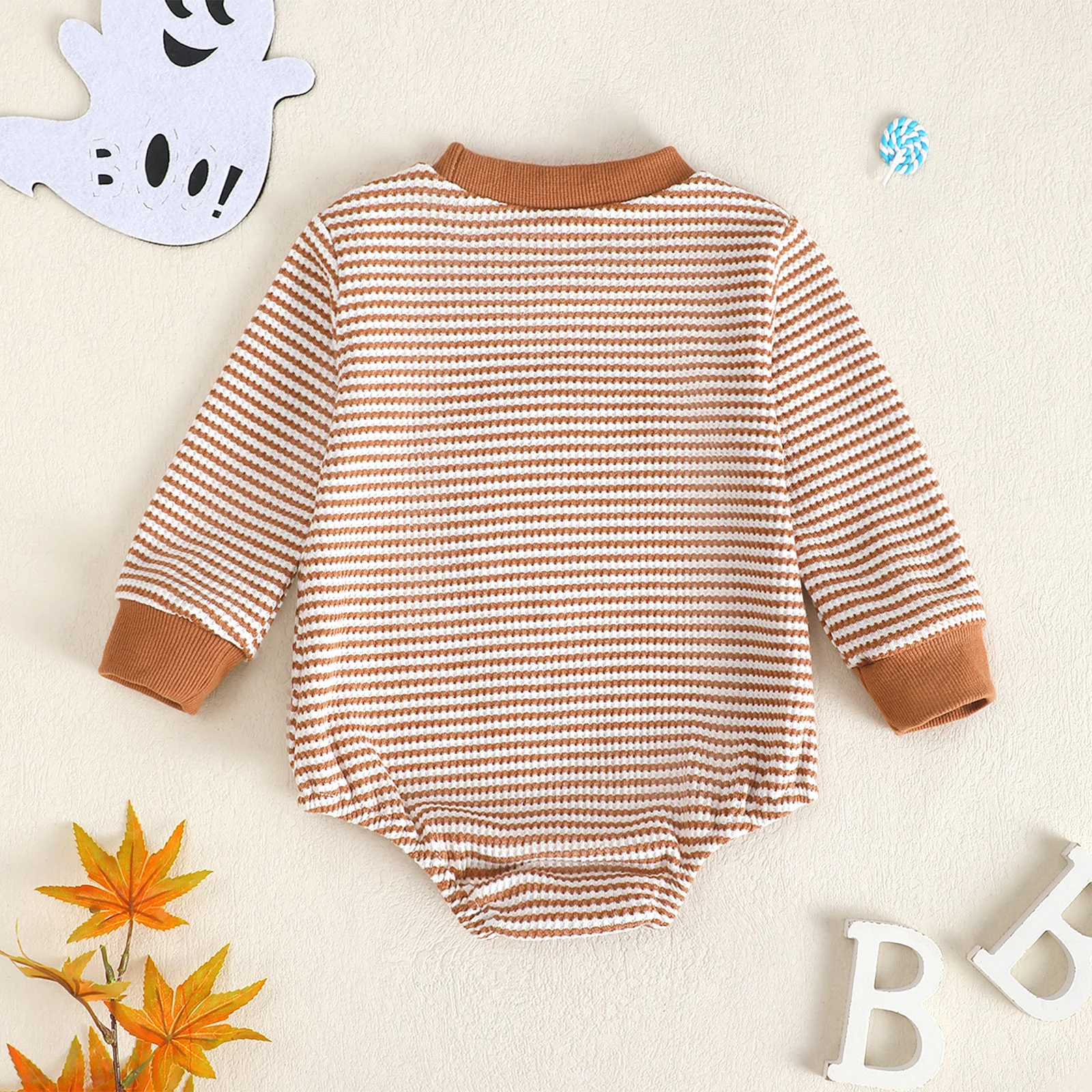 Baby Girl Waffle Knit Striped Long Sleeve Romper With Ghost Embroidery — image 4