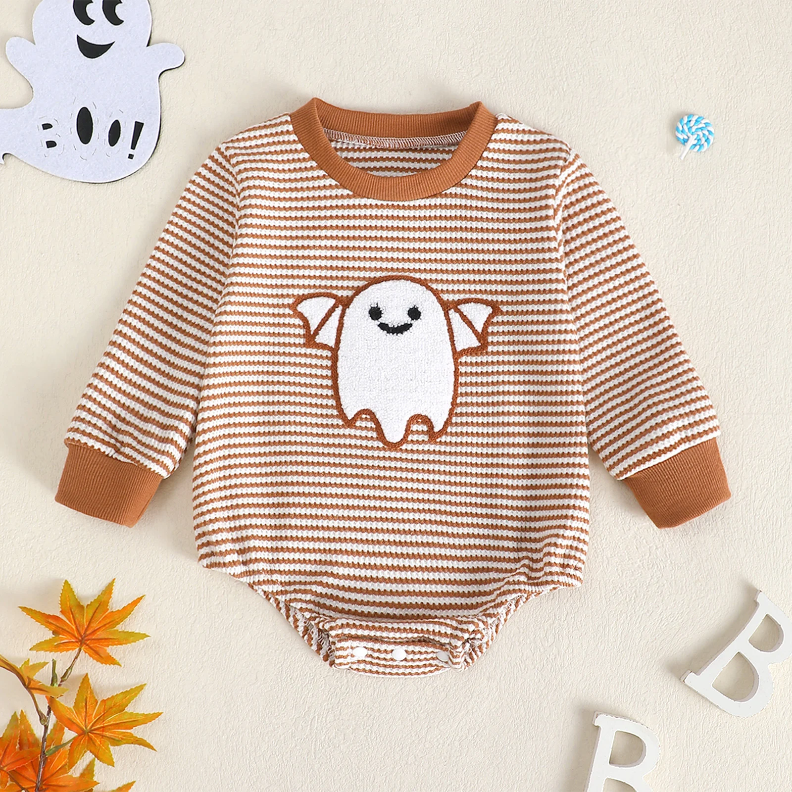 Baby Girl Waffle Knit Striped Long Sleeve Romper With Ghost Embroidery — image 2