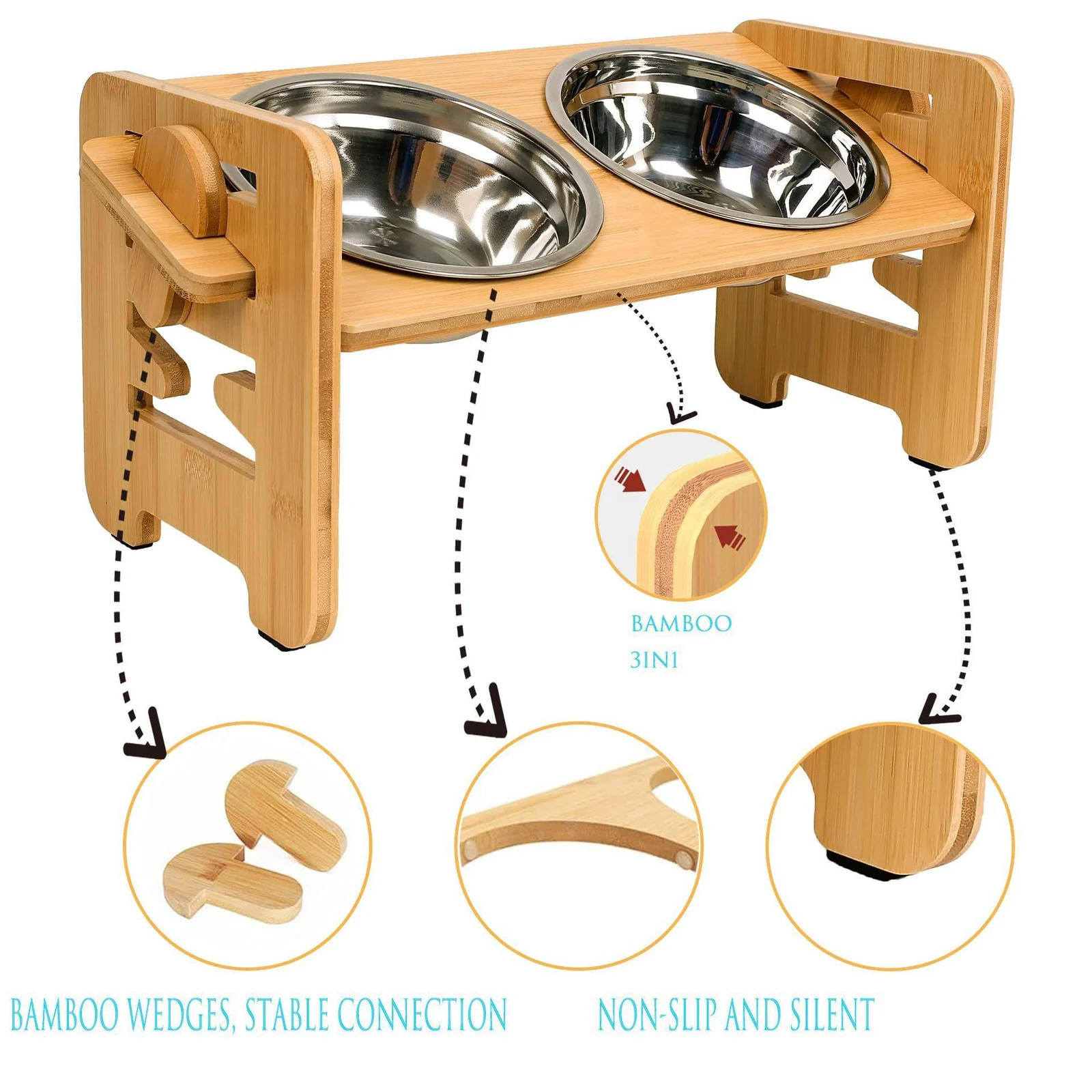 Bamboo And Wood Cat Dog Bowl Rack, Pet Double-bowl Food Water Bowls, For Small To… — image 1