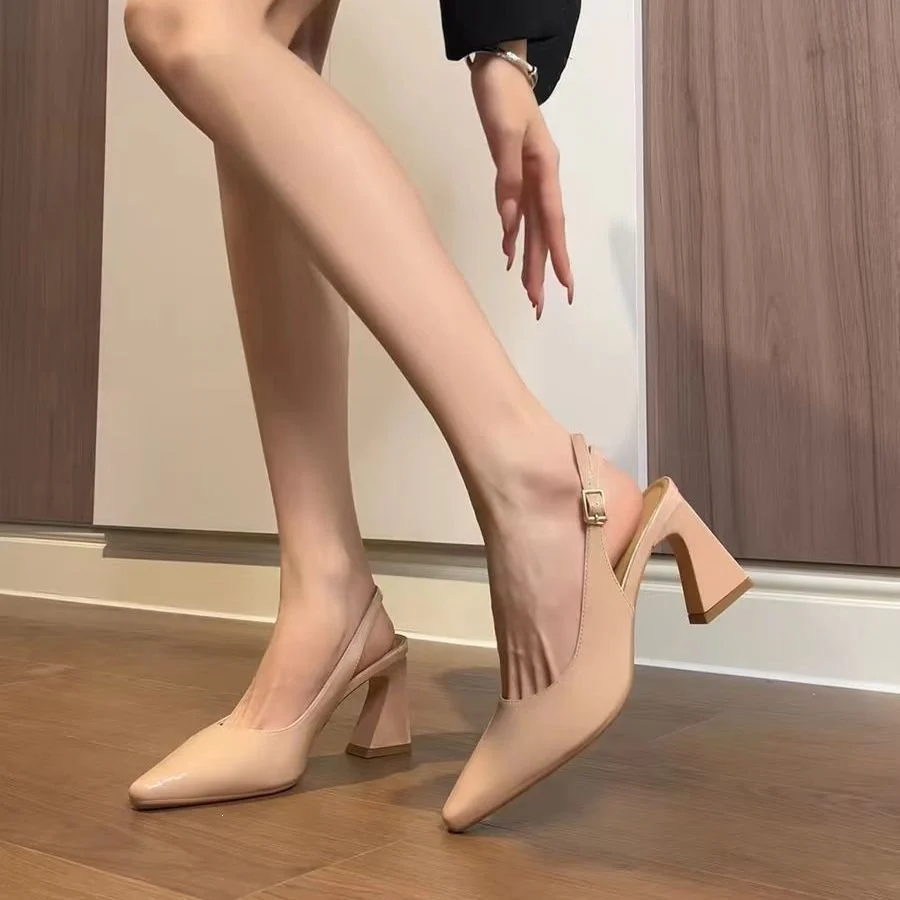 Baotou One-strap High-heeled Pointed-toe Chunky-heel Pumps — image 4