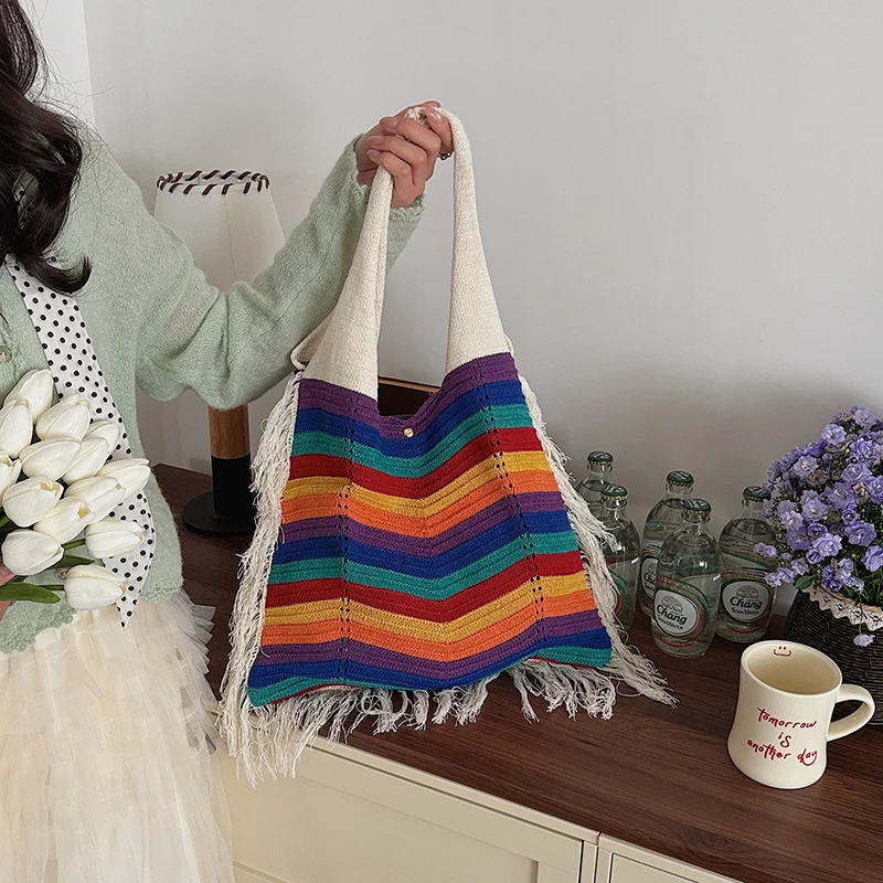 Beach-style One-shoulder Knitted Bag With Tassels Commuter Tote — image 3