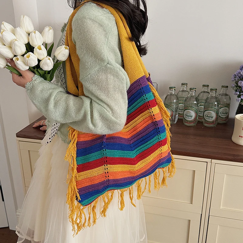 Beach-style One-shoulder Knitted Bag With Tassels Commuter Tote — image 7