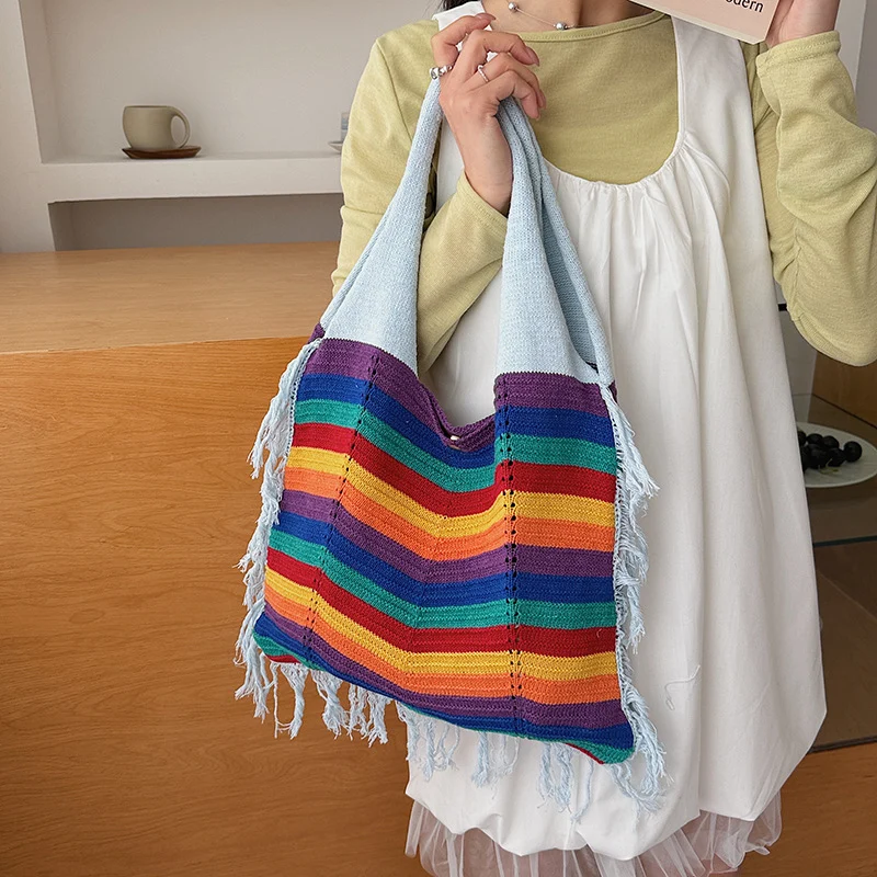 Beach-style One-shoulder Knitted Bag With Tassels Commuter Tote — image 8